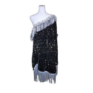 Retro 1920s Sequined One Shoulder Fringe Flapper Dress Womens Size 4XL Black Gat